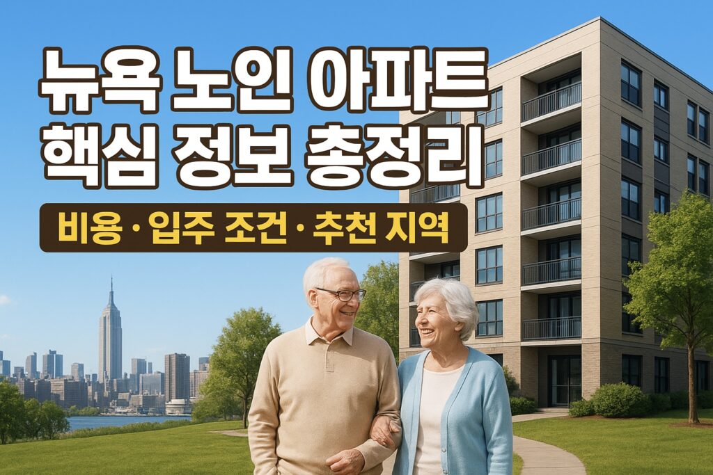 뉴욕 배경의 현대식 아파트 앞에서 웃으며 손을 잡고 걷는 노부부, 이미지 상단에는 '뉴욕 노인 아파트 핵심 정보 총정리'와 '비용 · 입주 조건 · 추천 지역'이라는 텍스트가 있음.