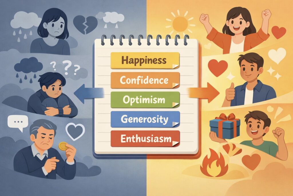English 감정 단어 학습용 썸네일, 좌측은 슬픔·자기 의심 등 부정적 감정을 파란색·회색 톤으로, 우측은 행복·자신감 등 긍정적 감정을 노란색·주황색 톤으로 표현. 중앙에는 'Happiness', 'Confidence', 'Optimism', 'Generosity', 'Enthusiasm' 단어가 적힌 노트북 이미지.